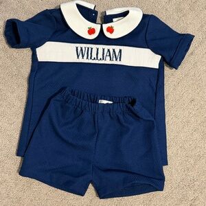 Kids Navy Blue Matching Set with Embroidered Collar